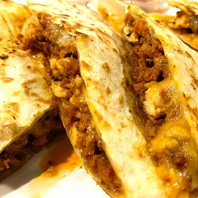 CHICKEN AND CHORIZO QUESADILLA.