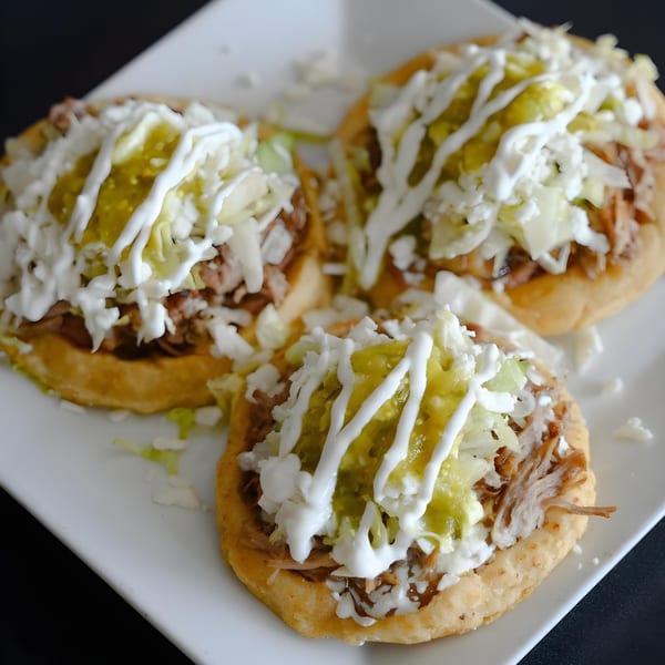 Three Papa Joe's Mexican Restaurant sopes topped with meat, lettuce, cheese, salsa verde, and sour cream.