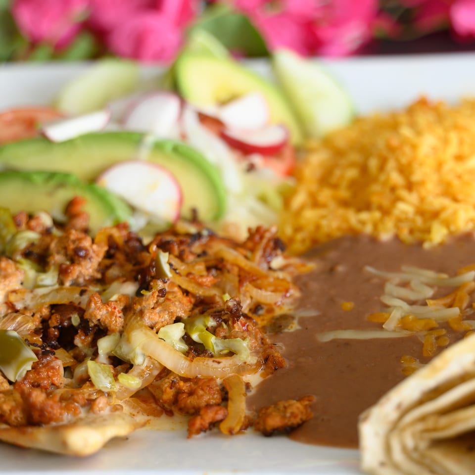 A Mexican dish with ground meat, rice, refried beans, avocado, and tortillas on a white plate.