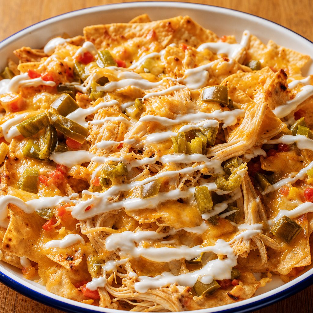 NACHOS WITH PULLED CHICKEN.