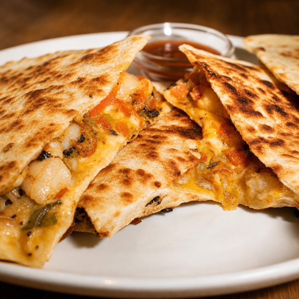 SHRIMP AND PICO QUESADILLA.