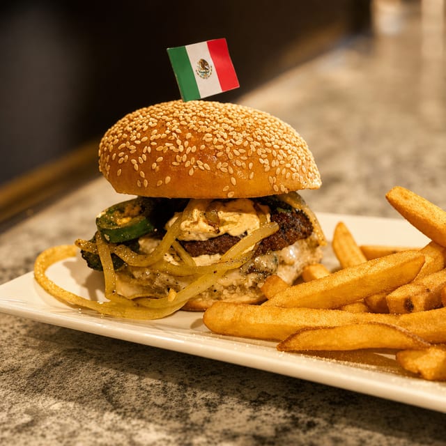 JALAPENO POPPER SMASH BURGER W/ FRIES.